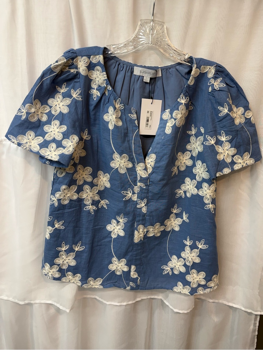 Sky Blue  Floral Embroidered Puff-Sleeve Top🌻